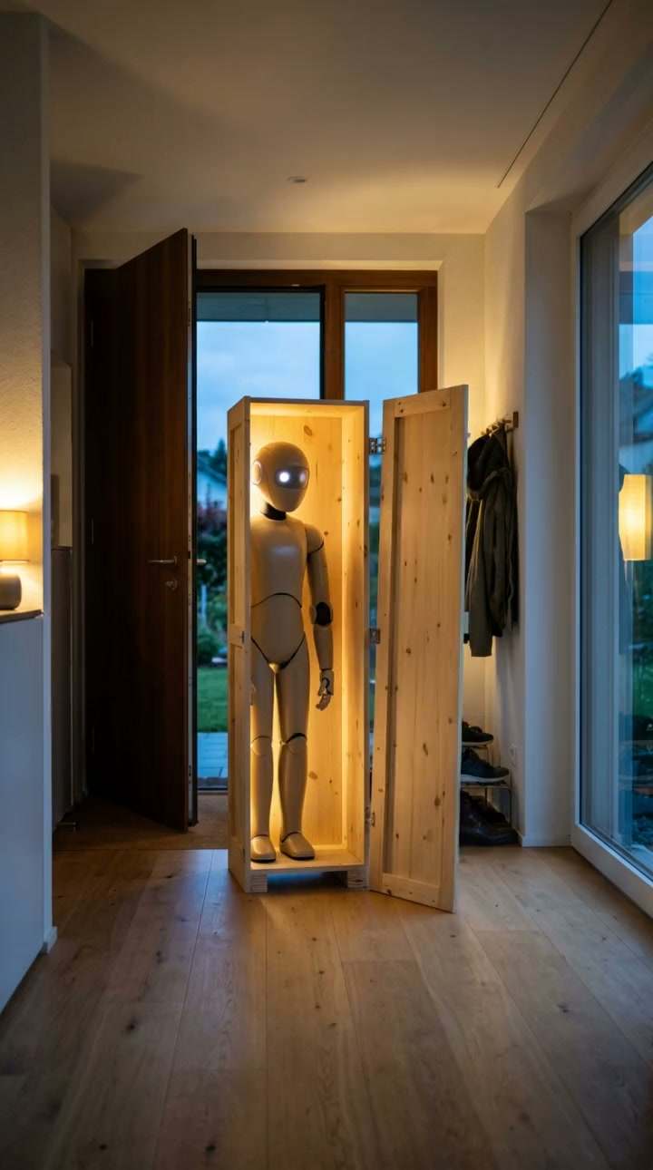 An open wooden crate stands by the front door; a new humanoid robot steps out of it.