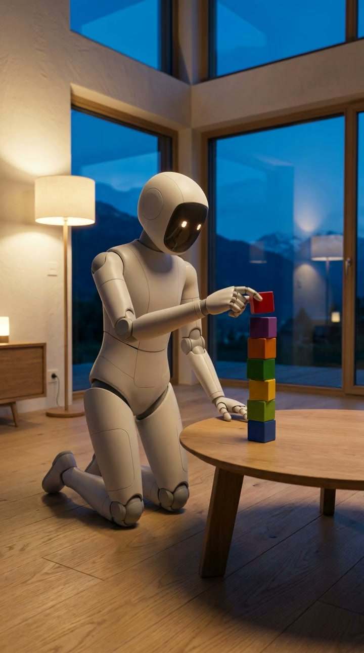 Nova stacks colourful wooden blocks into a tower on the coffee table.