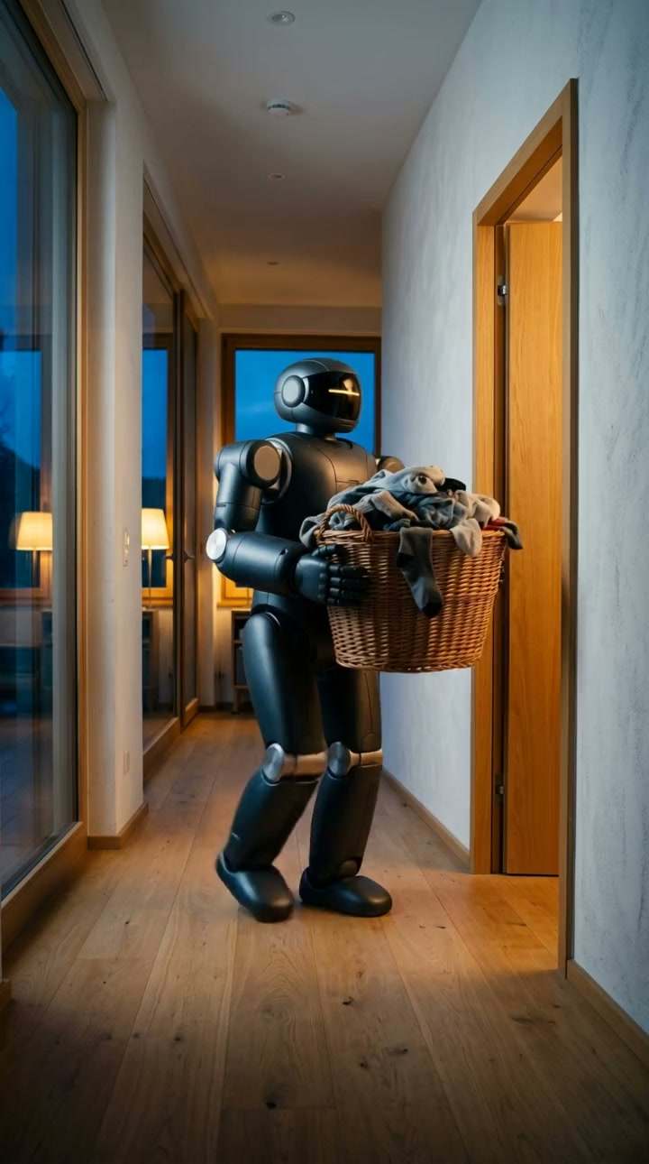 Bolt bumps into a door frame while carrying a laundry basket; laundry falls out.