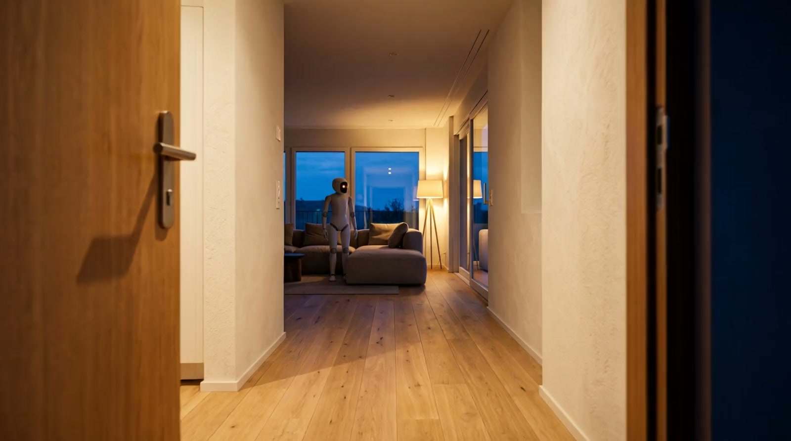 The camera glides from the front door down the hallway into the living room, past the kitchen and the stairs, and ends on the control-room monitors.