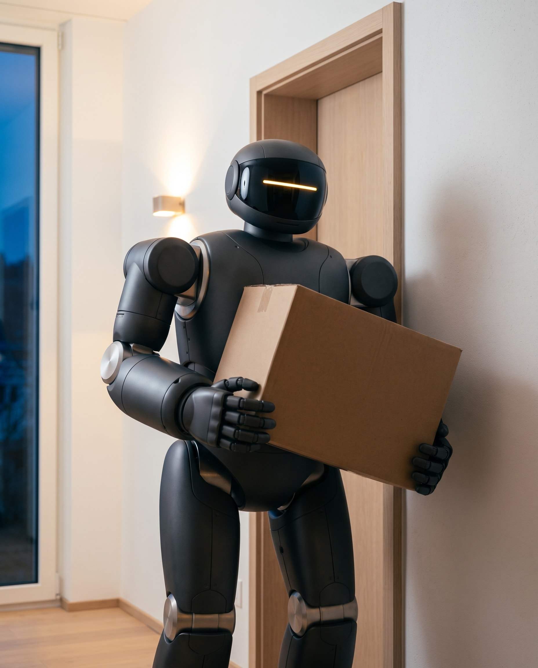 Bolt, a sturdy graphite-grey humanoid robot with a yellow light strip, holding a cardboard box in a hallway.