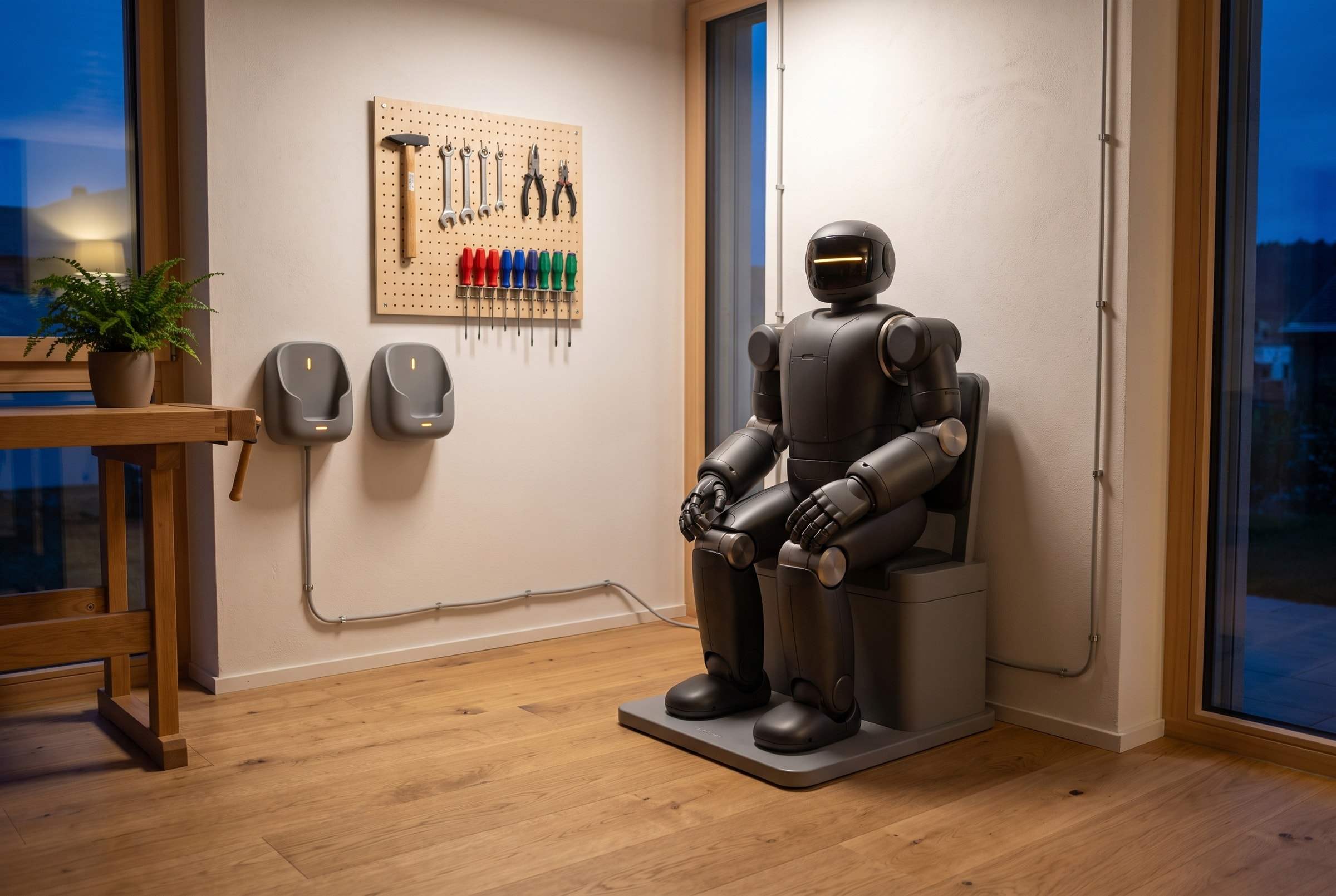 Bolt seated on a charging stand in a tidy workshop corner with tools on a pegboard.