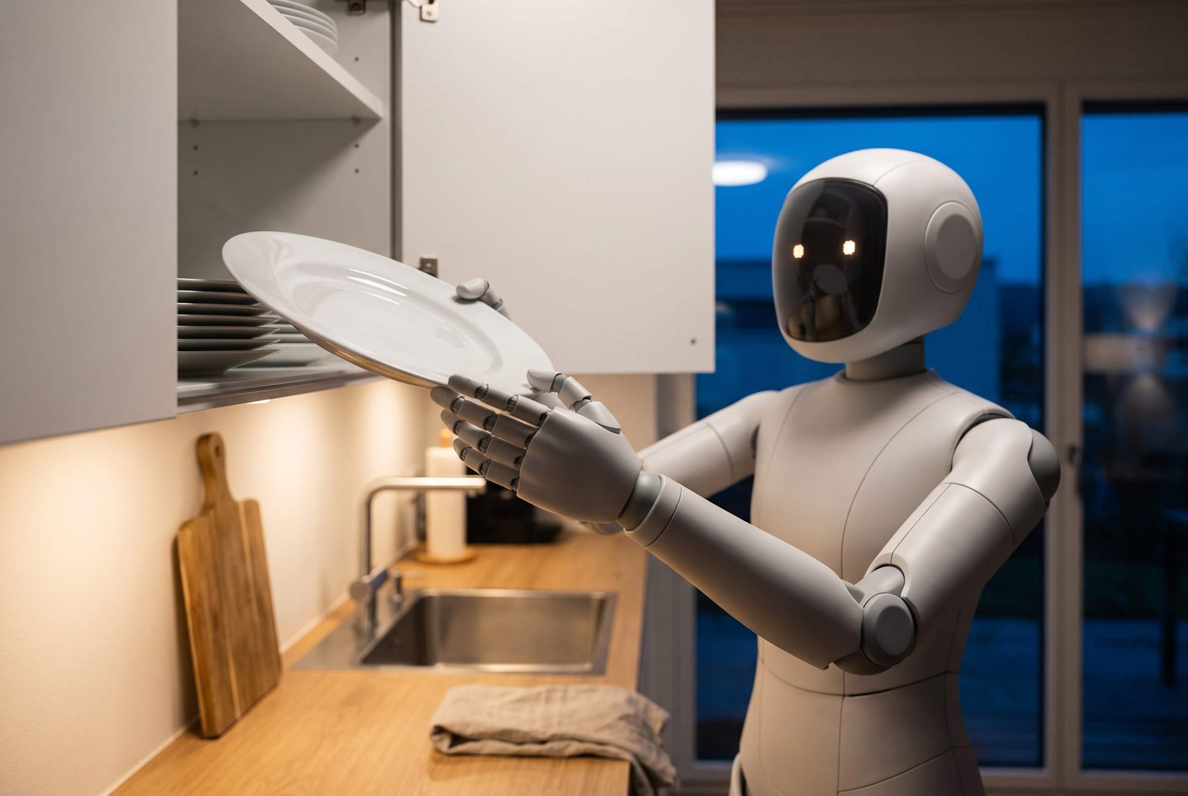 Close-up of Nova placing a ceramic plate into an open kitchen cabinet.