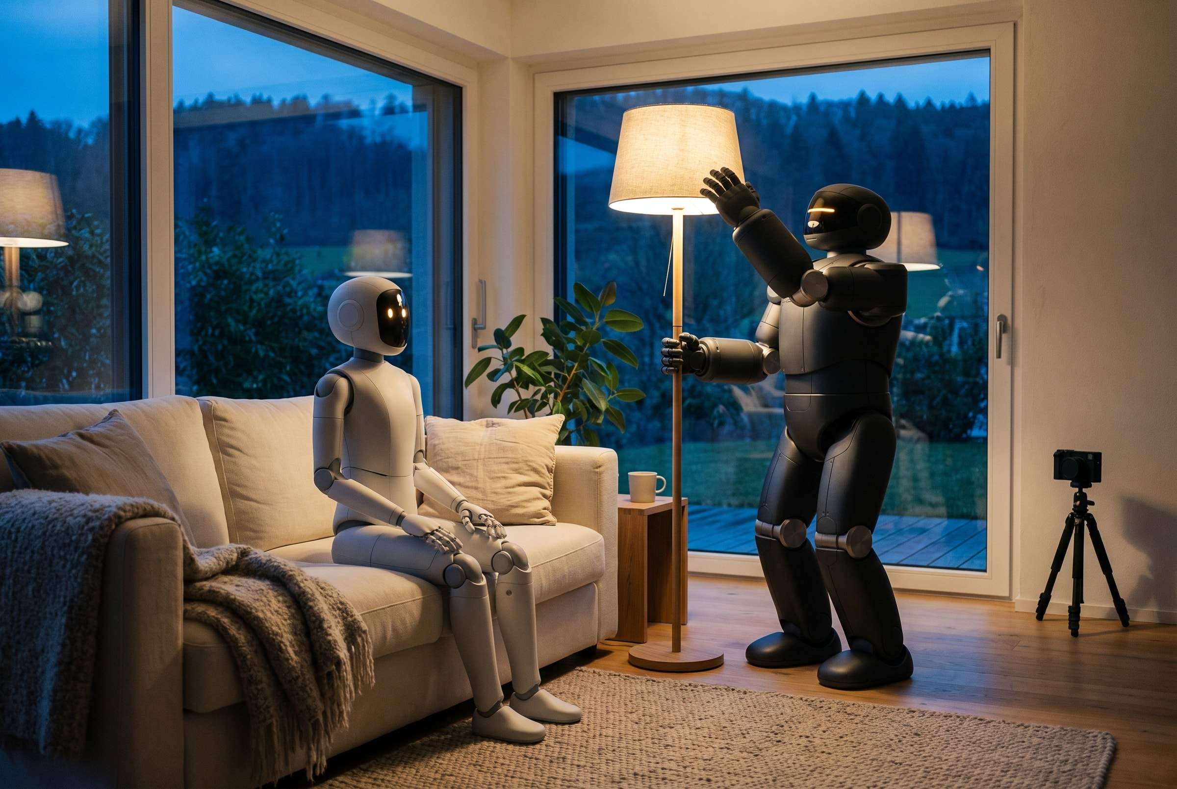 Nova sits on the edge of a sofa while Bolt adjusts a floor lamp in the living room; a small camera stands on a tripod in the corner.