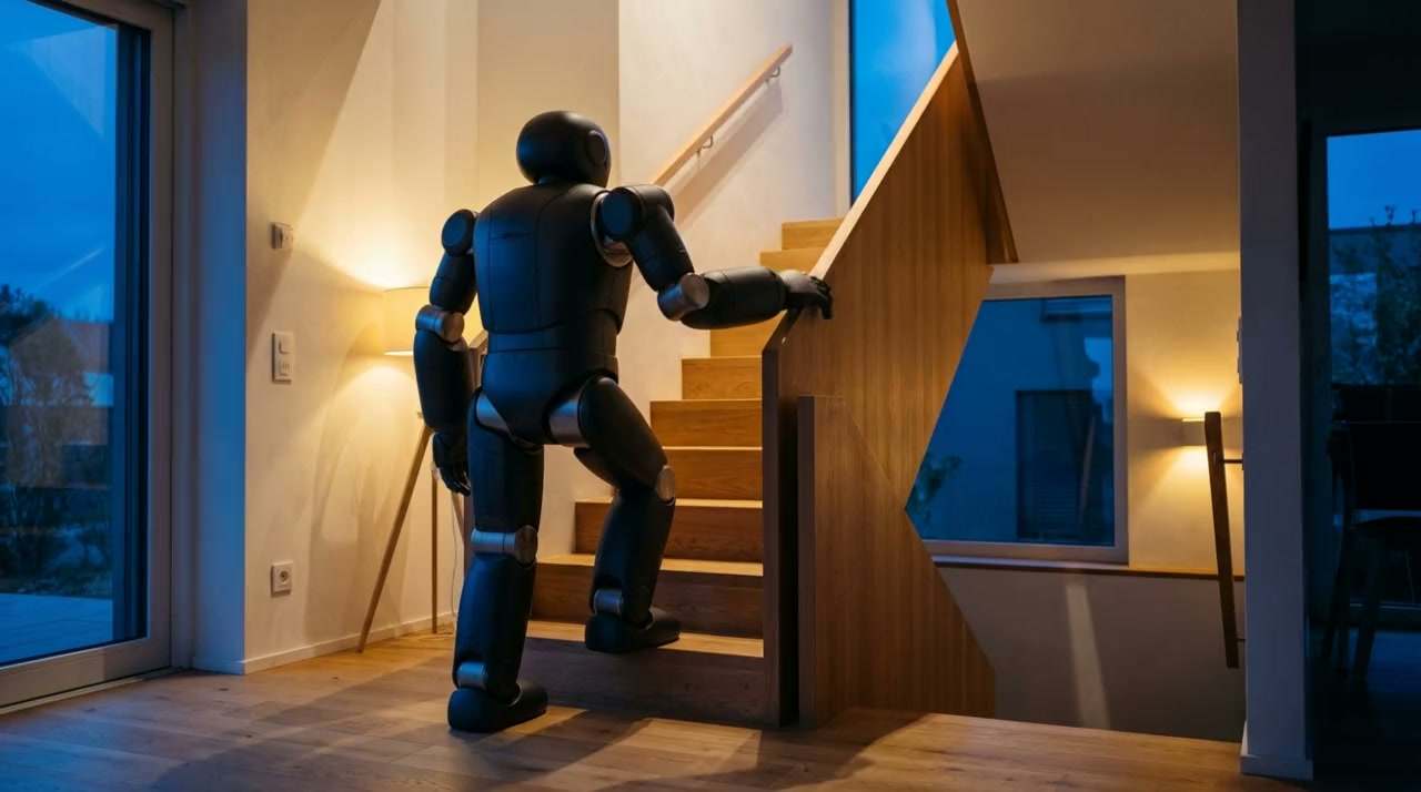 Bolt carefully climbs the first three wooden steps, one hand on the banister.