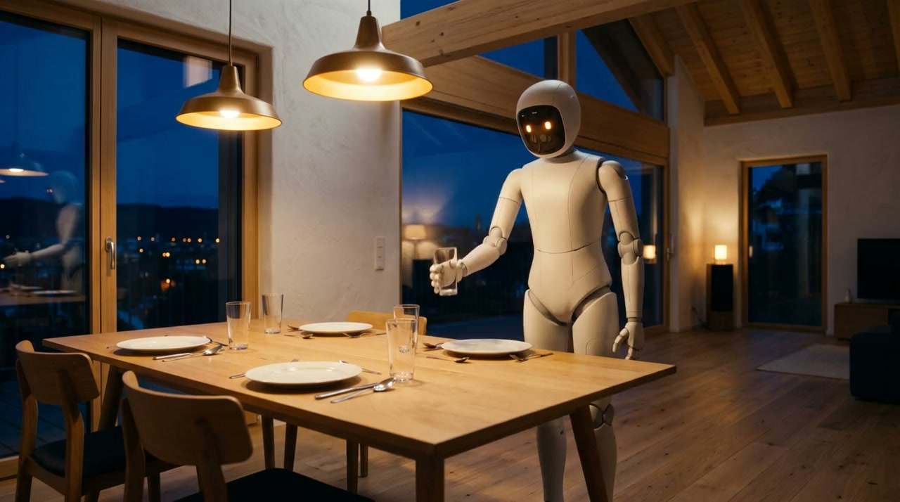 Nova sets plates and glasses on a dining table.